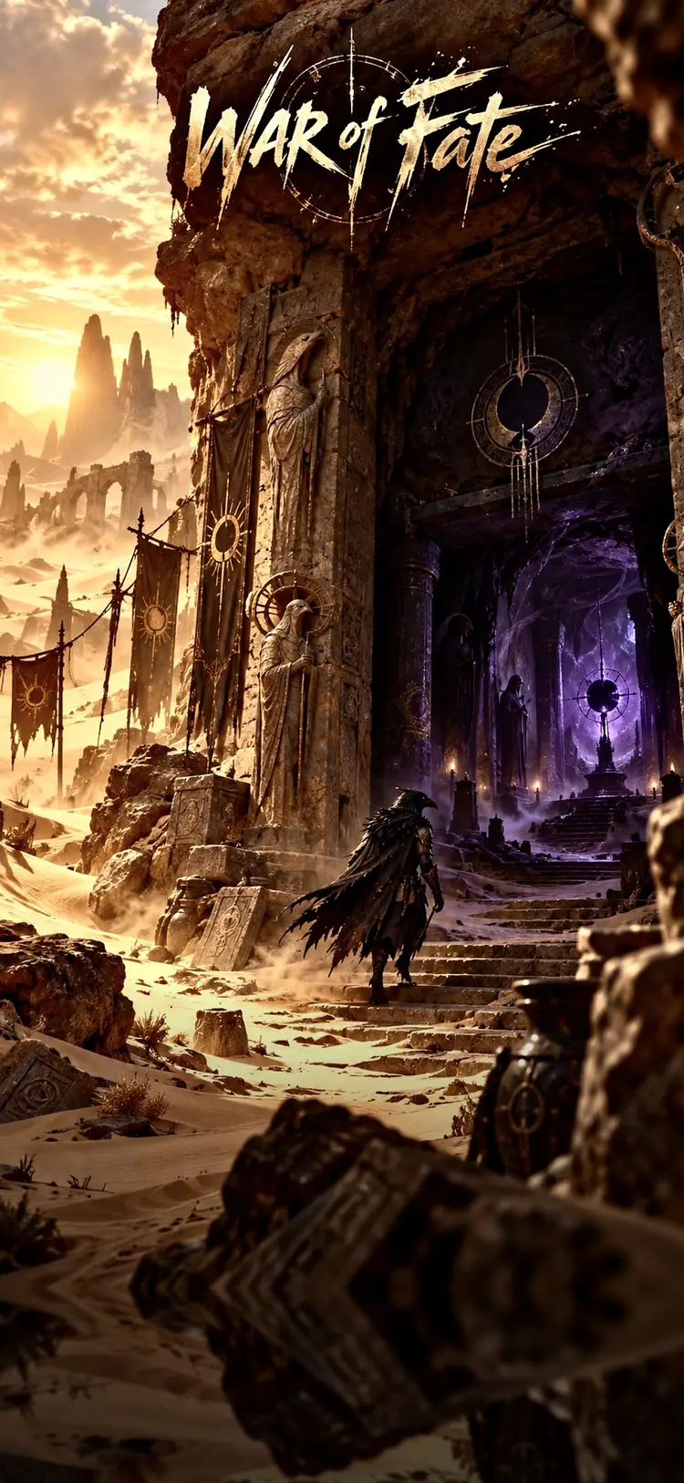 A cloaked figure climbs the steps of a desert temple at dusk.